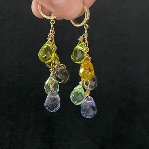 10kt Yellow Gold Multi-Color Briolette Shape Stone Earring’s. 
Dangle + Sparkle